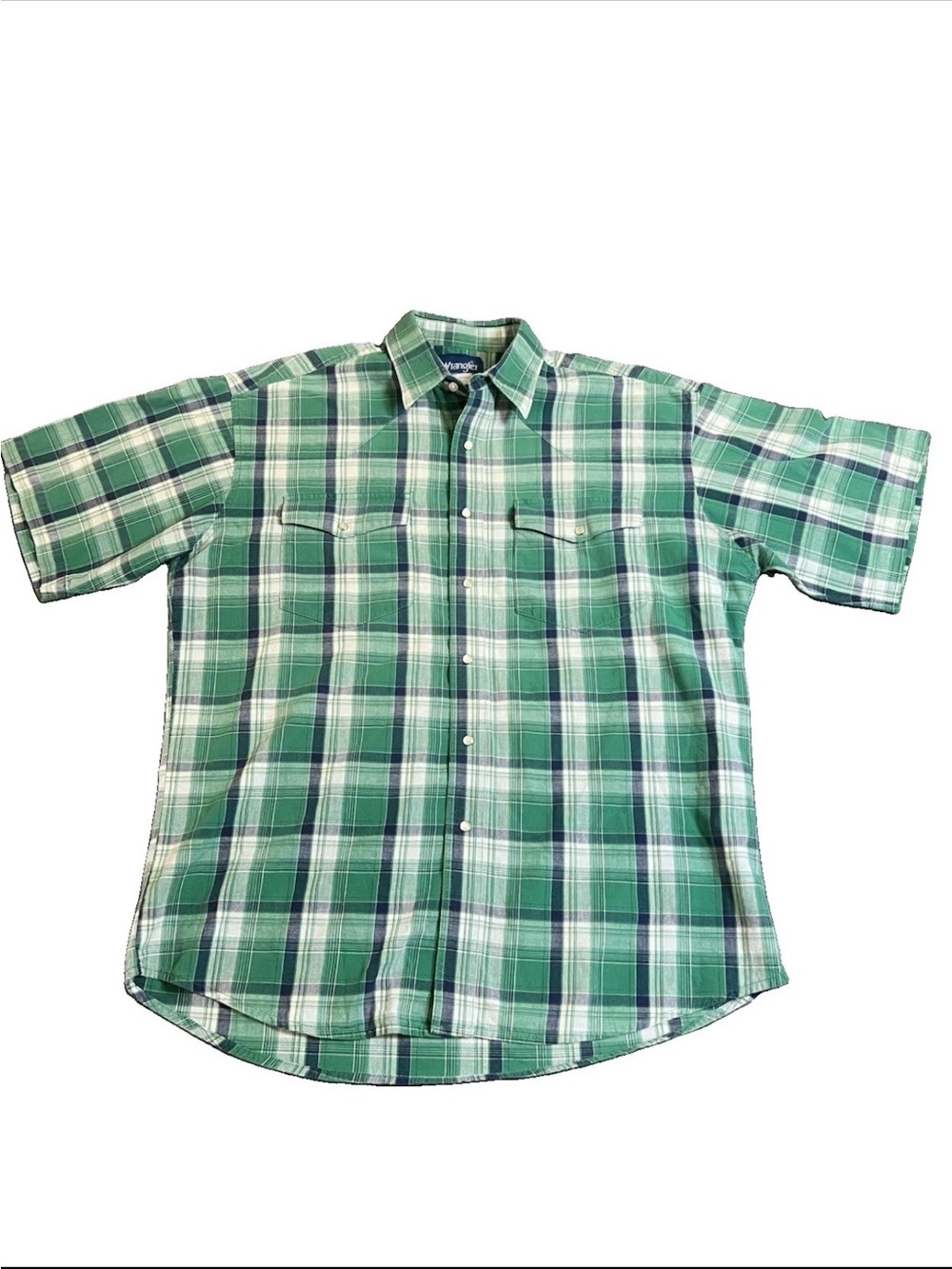 Vintage Wrangler Pearl Snap Short Sleeve Shirt Green Plaid Button Up (See Meas) - Picture 1 of 6